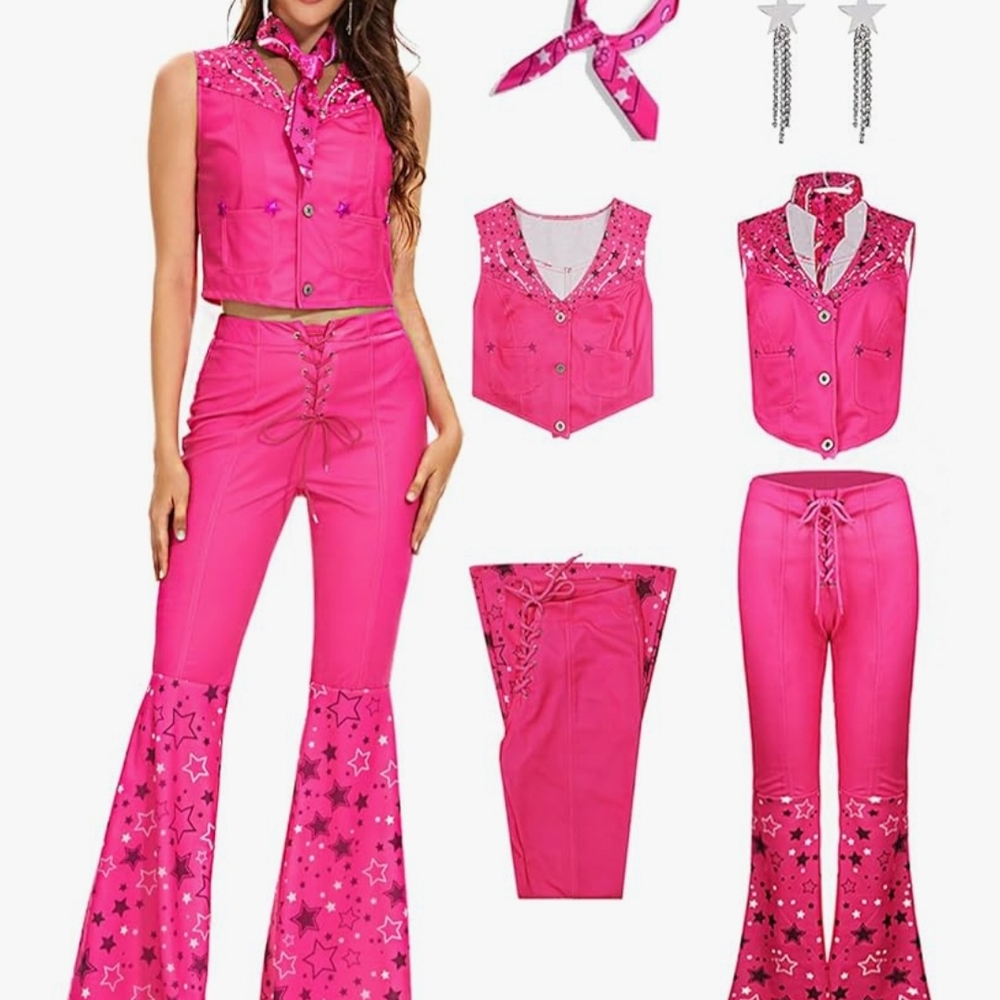 Pink Cowgirl Outfits for Women 70s 80s Costume Hippie Disco Flare Pant Halloween